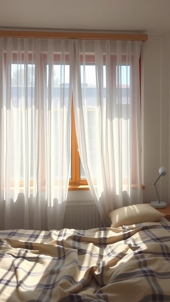 A cozy narrow bedroom with sheer white curtains and a neatly made bed.