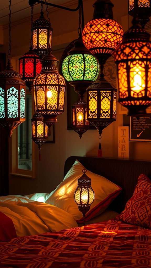 Colorful Moroccan-style lanterns hanging in a bedroom