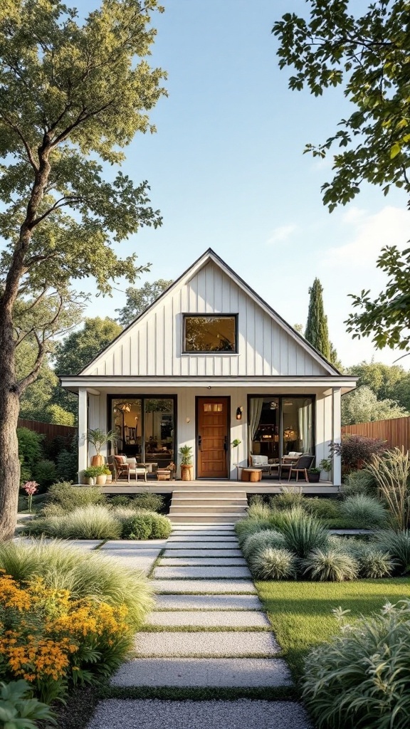 Modern cottage house with a welcoming porch and lush garden.