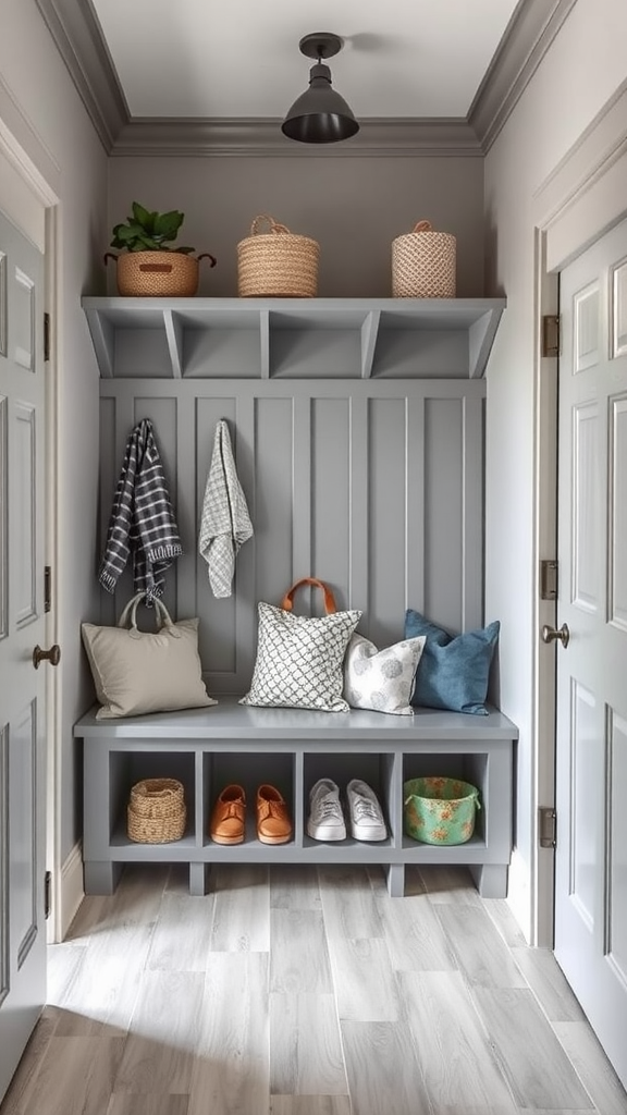 A stylish family-friendly mudroom with storage for shoes and bags