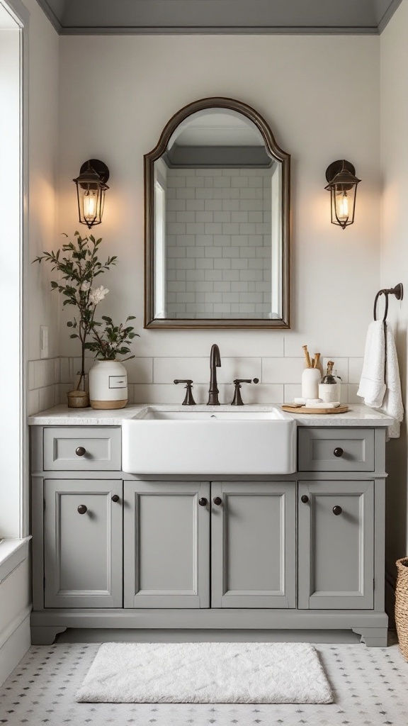 A stylish farmhouse bathroom featuring a large apron-front sink, gray cabinetry, and soft lighting.