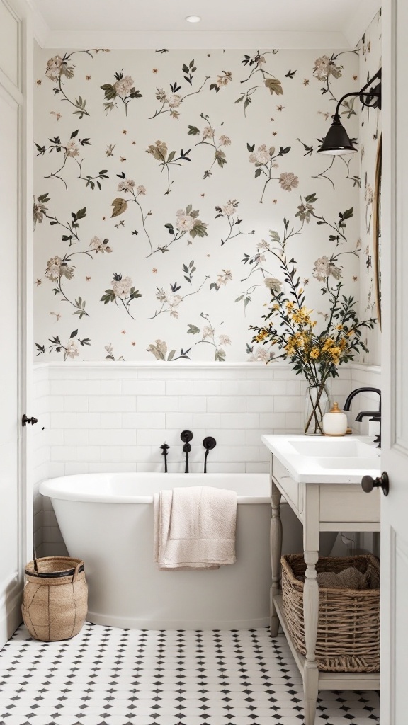 A cozy farmhouse bathroom featuring floral wallpaper, a freestanding tub, and natural decor.