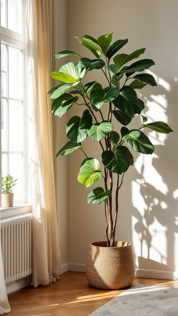 A tall Fiddle Leaf Fig plant in a woven basket, positioned near a window with natural light.