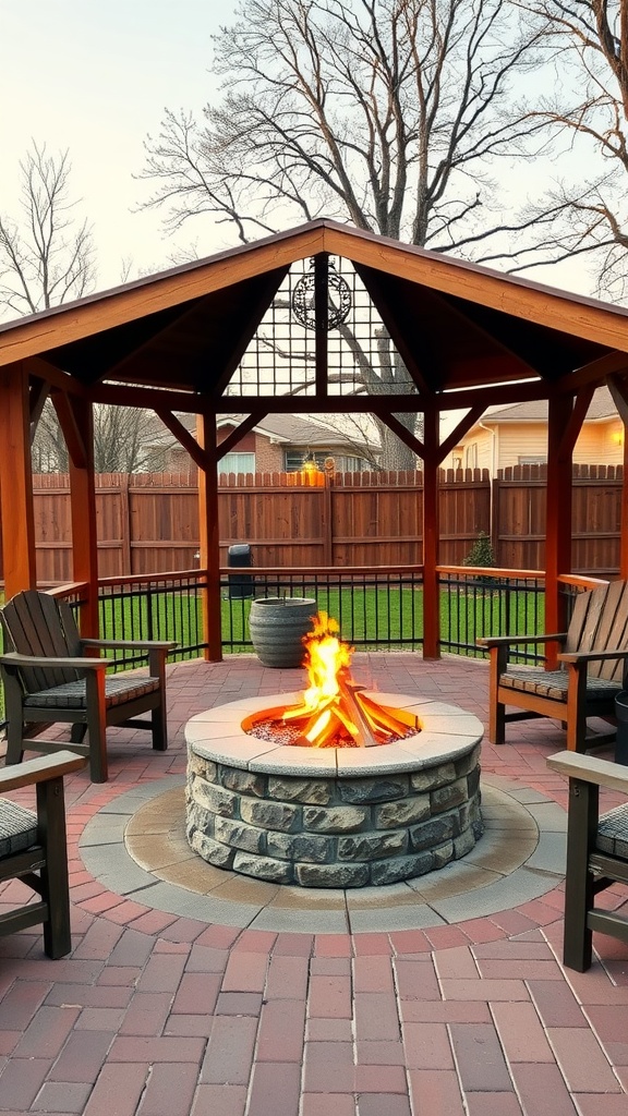 A cozy fire pit surrounded by seating in a gazebo setting.