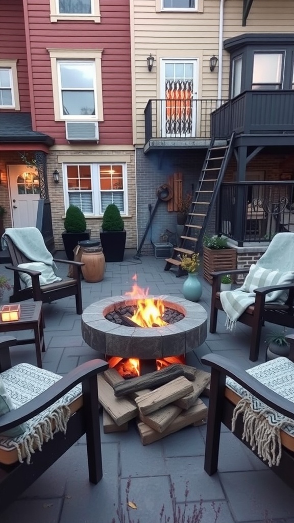 A cozy patio with a fire pit surrounded by chairs, perfect for gatherings.