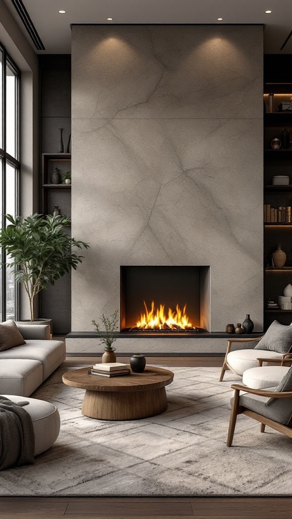 A modern fireplace in a cozy penthouse living room.