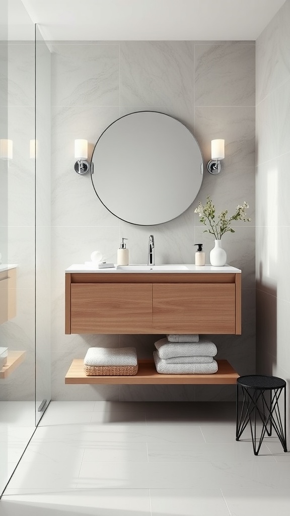 A modern small bathroom featuring a floating vanity with a round mirror above it, towels neatly arranged below, and a sleek, minimalistic design.