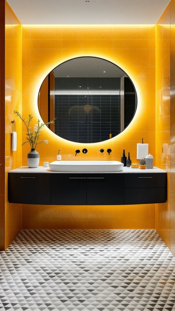 A modern bathroom featuring a floating vanity with a curved design, bright orange tiles, and geometric patterned floor tiles.