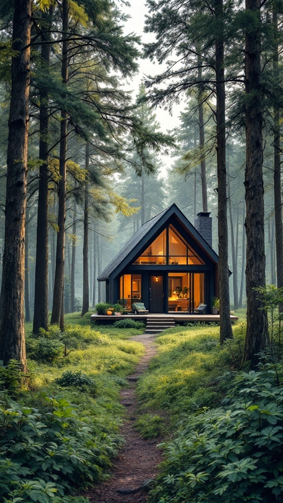 A charming modern cottage house surrounded by trees in a forest.