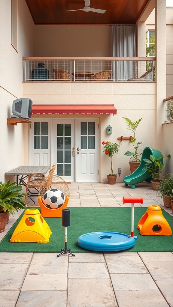 A backyard patio with sports equipment for kids including a soccer ball, cones, and a slide.