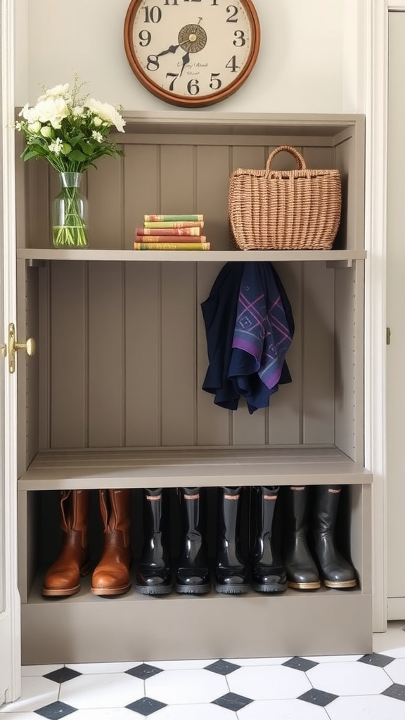 A well-organized boot storage with various types of boots and decorative items.