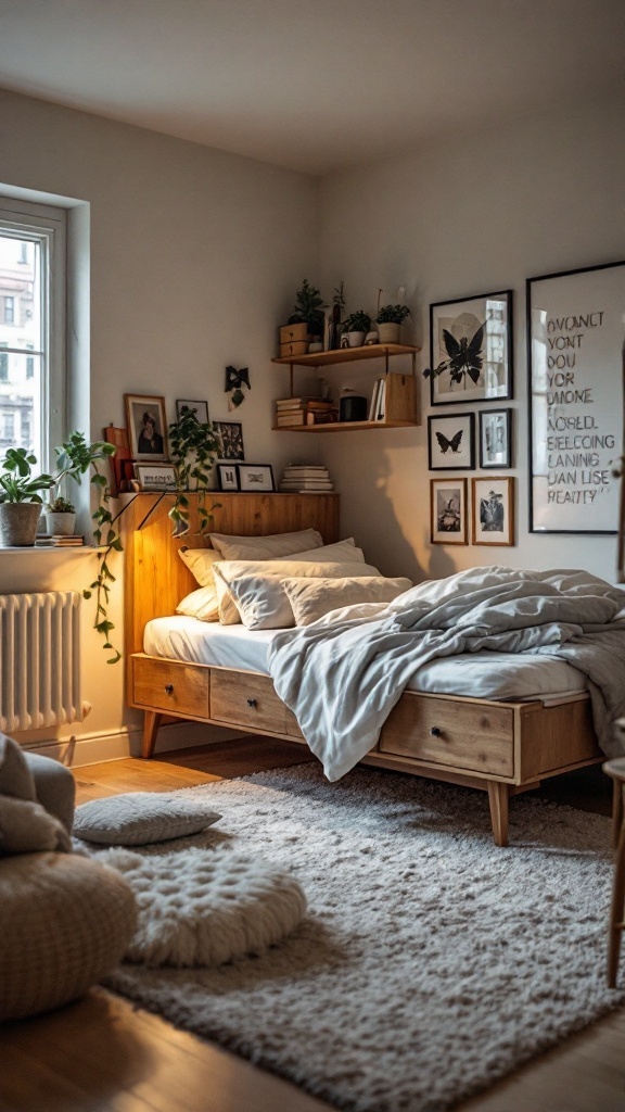 Cozy dorm room featuring a bed with storage, decorative shelves, and soft furnishings.