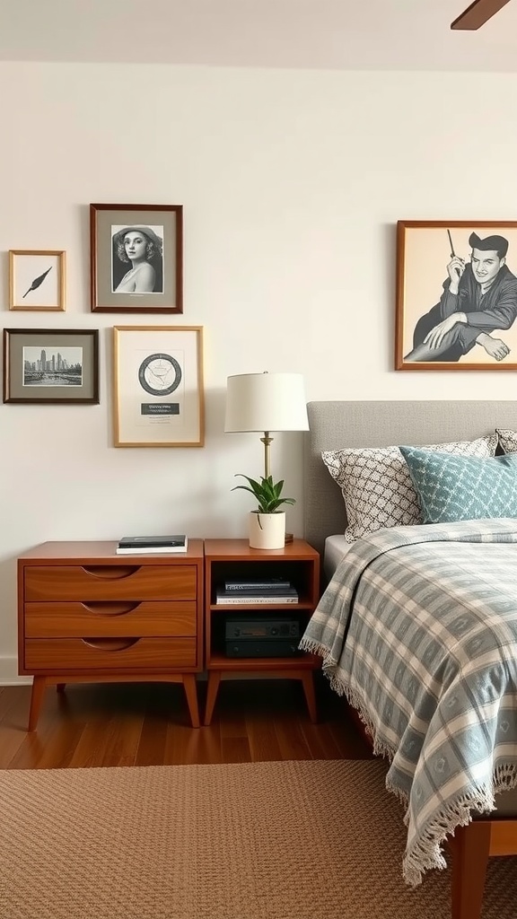 A cozy mid-century bedroom featuring a stylish nightstand with drawers, lamp, and a decorative plant.