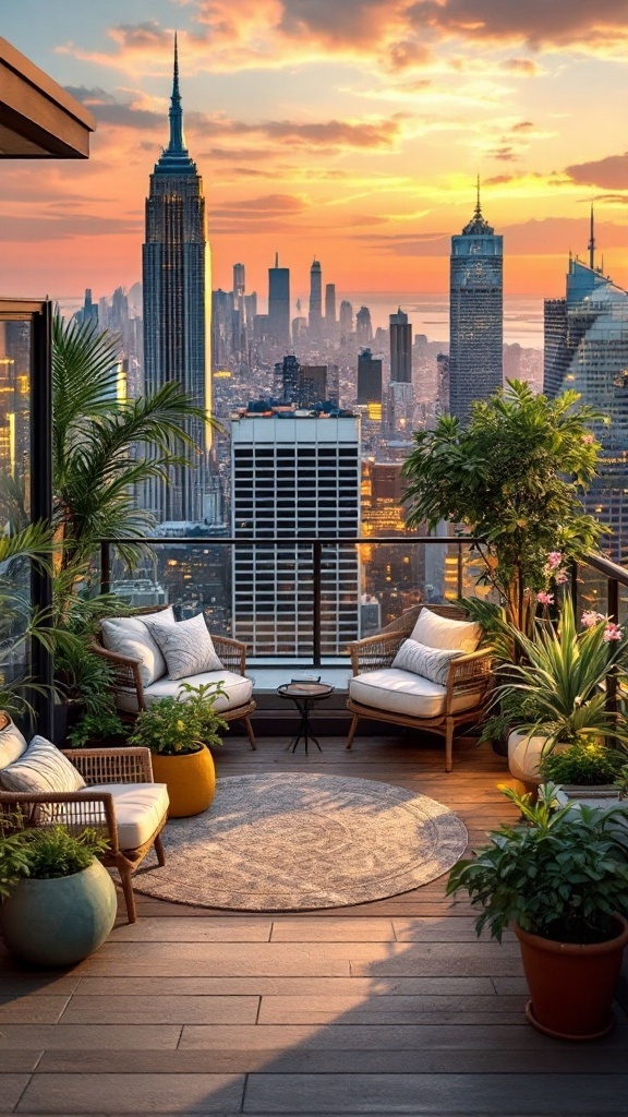 Cozy penthouse outdoor space with seating and plants, overlooking the city skyline at sunset.