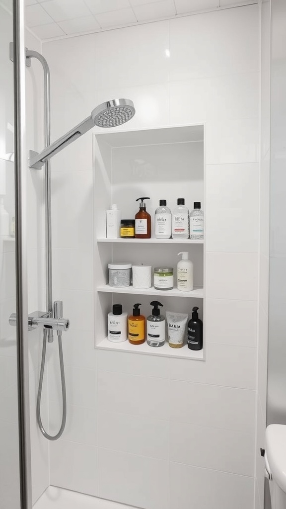 A modern shower niche with neatly arranged shampoo and body wash bottles.