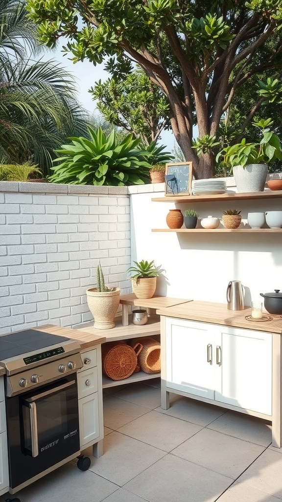 A modern patio kitchen with storage solutions including cabinets and shelves adorned with plants and decor.