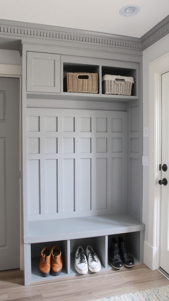 Stylish entryway storage with shelves and shoe compartments.