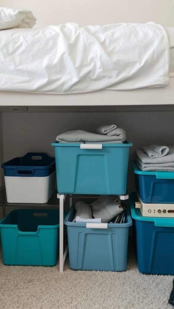 Colorful storage bins organized under a bed.