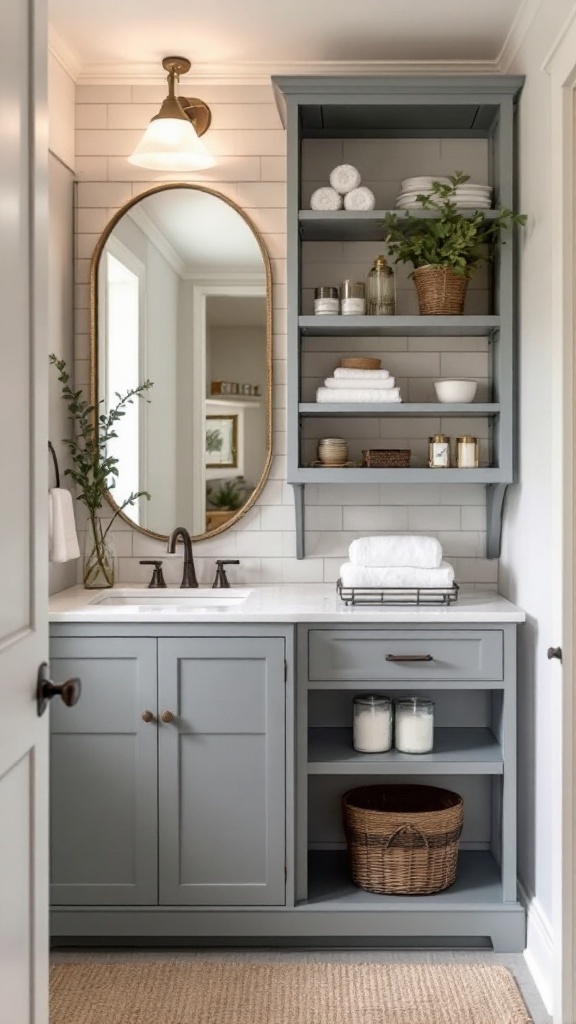 A chic farmhouse bathroom featuring open shelves, storage baskets, and a stylish mirror.