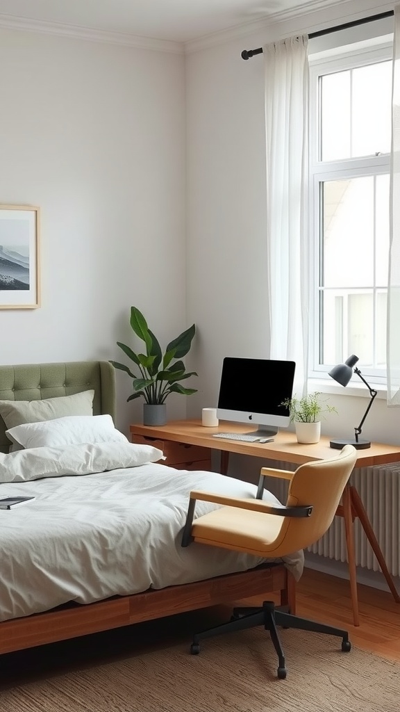 A cozy bedroom featuring a workspace with a desk, chair, and a plant.