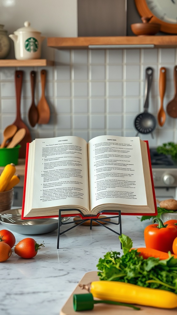 A stylishly open cookbook on a stand surrounded by fresh vegetables and kitchen utensils.