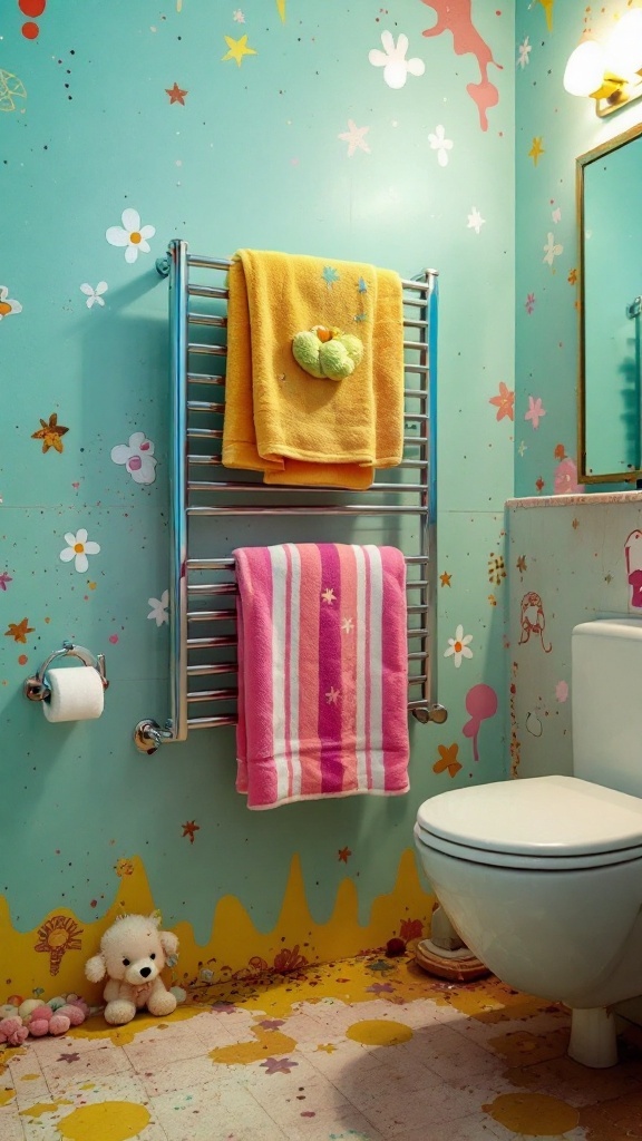 A 70s style bathroom featuring colorful towels on a chrome towel rack against a whimsical floral wall.