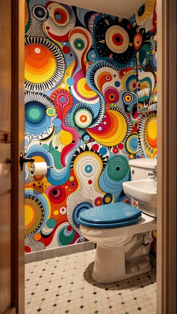 A vibrant 70s-style bathroom featuring colorful swirling wallpaper and a blue toilet seat.