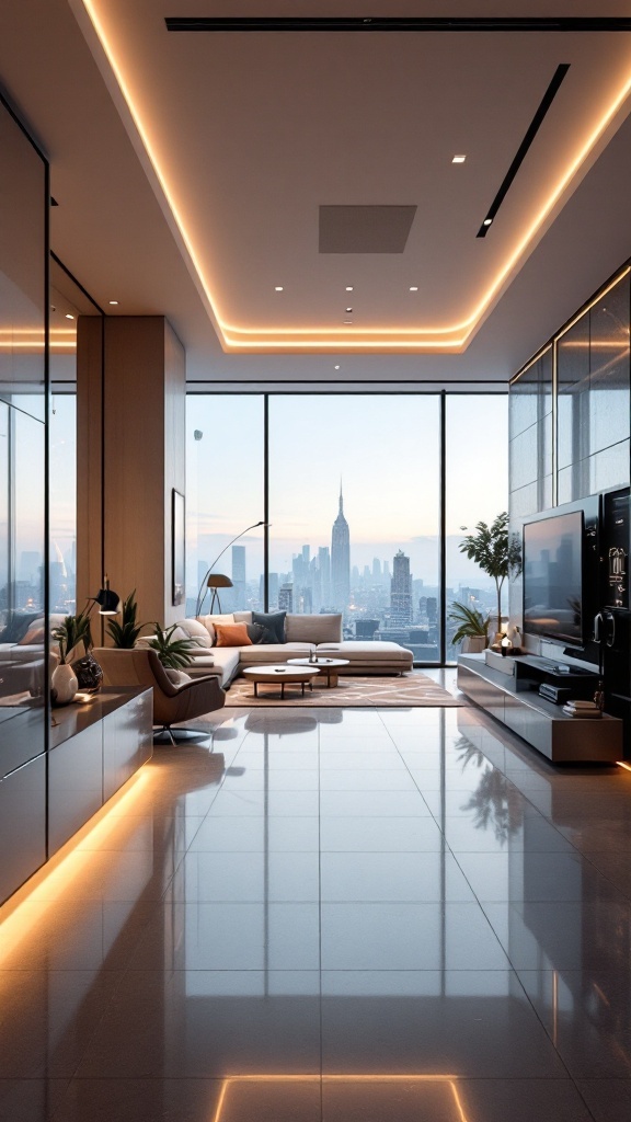 Modern penthouse living room with smart home features and city views