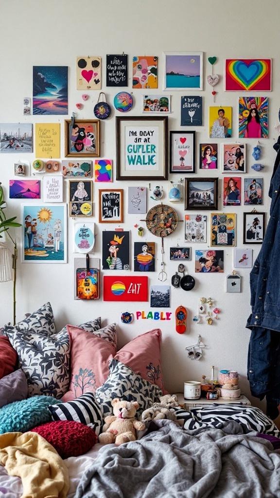 A colorful gallery wall filled with personal photos, art pieces, and decorative items in a cozy dorm room.