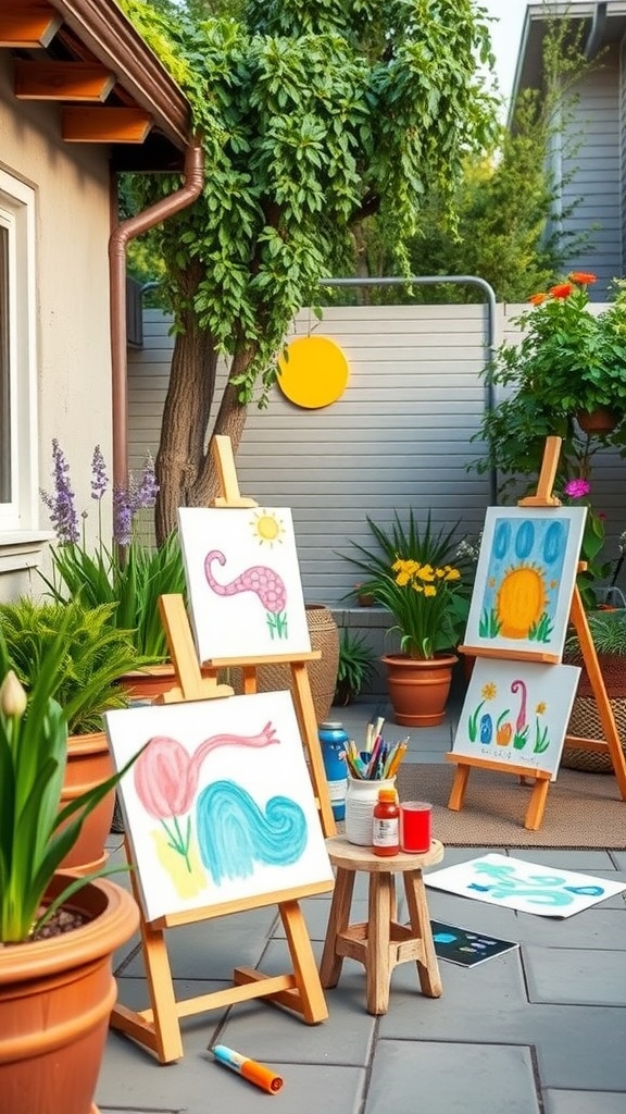 A vibrant outdoor art station with easels, colorful drawings, and plants.