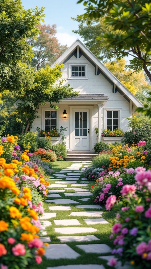 Charming modern cottage surrounded by vibrant flower garden.