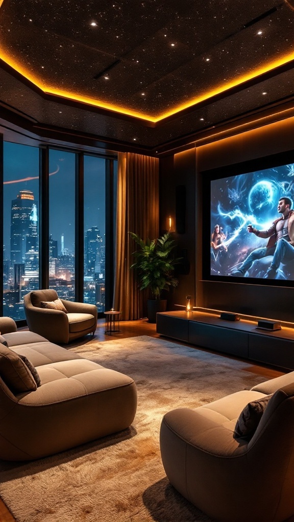 Luxurious home theater with plush seating and a starry ceiling, overlooking a cityscape.