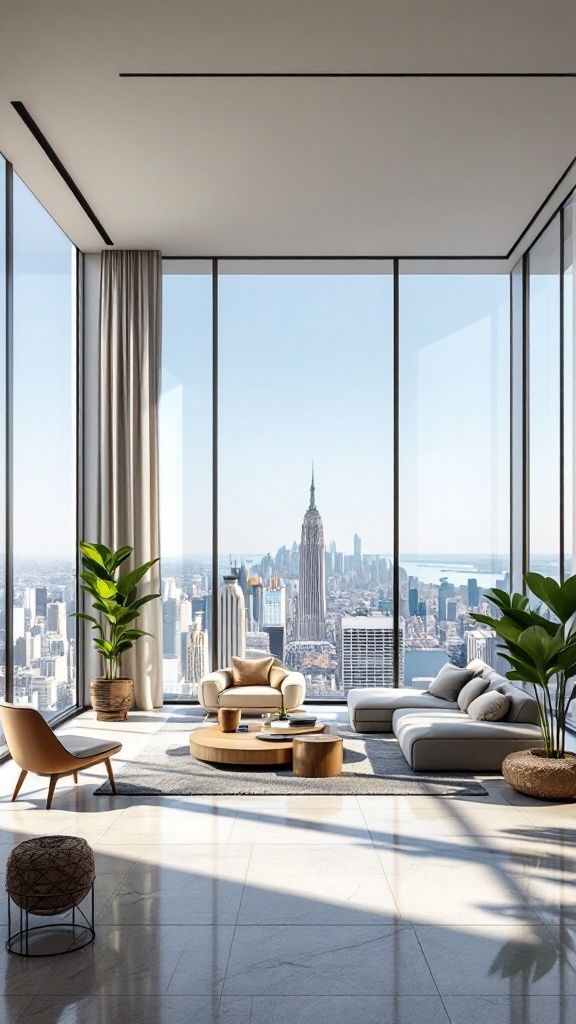 A modern penthouse living area with large windows overlooking a city skyline.