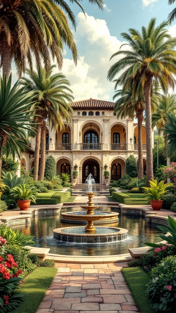 A grand hacienda with lush gardens and a central fountain, surrounded by palm trees.