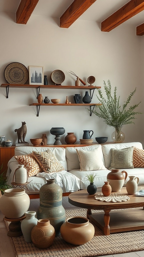 A cozy living room featuring various handcrafted pottery and ceramics arranged on shelves and a table.