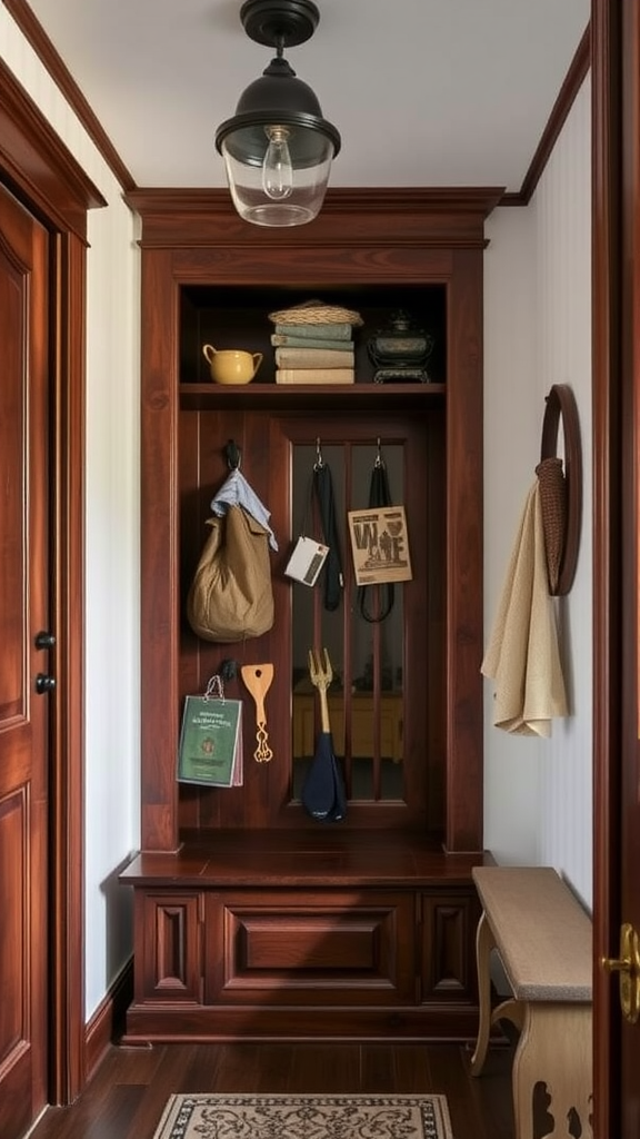 A cozy entryway featuring handcrafted wooden details, including a built-in storage bench, hooks for hanging items, and decorative accents.