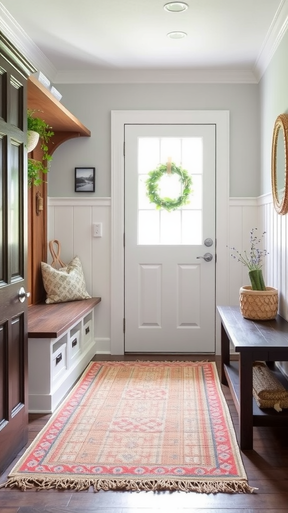 Cozy entryway with a handwoven area rug, plants, and decorative items.