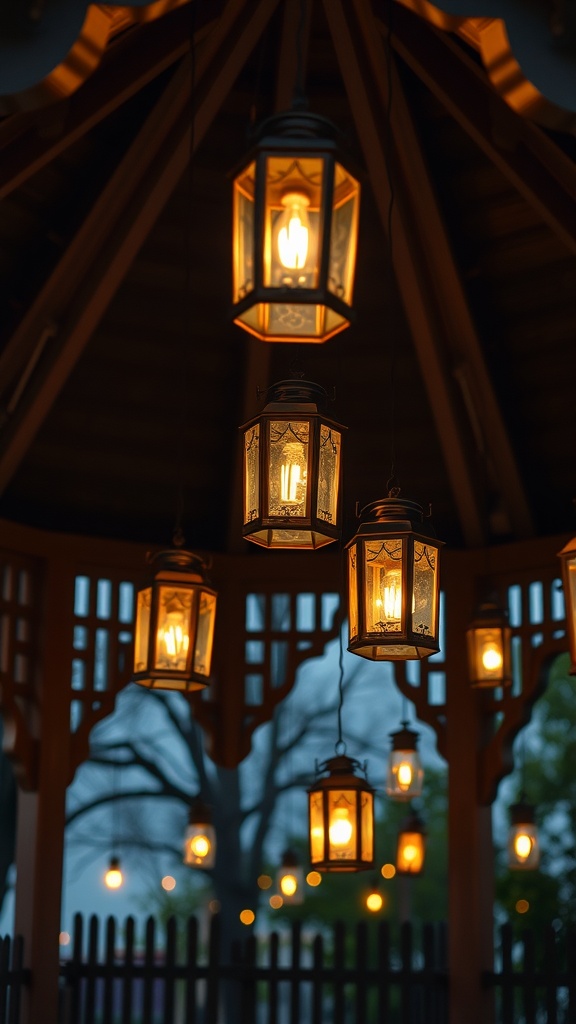 A display of hanging lanterns illuminating a gazebo.