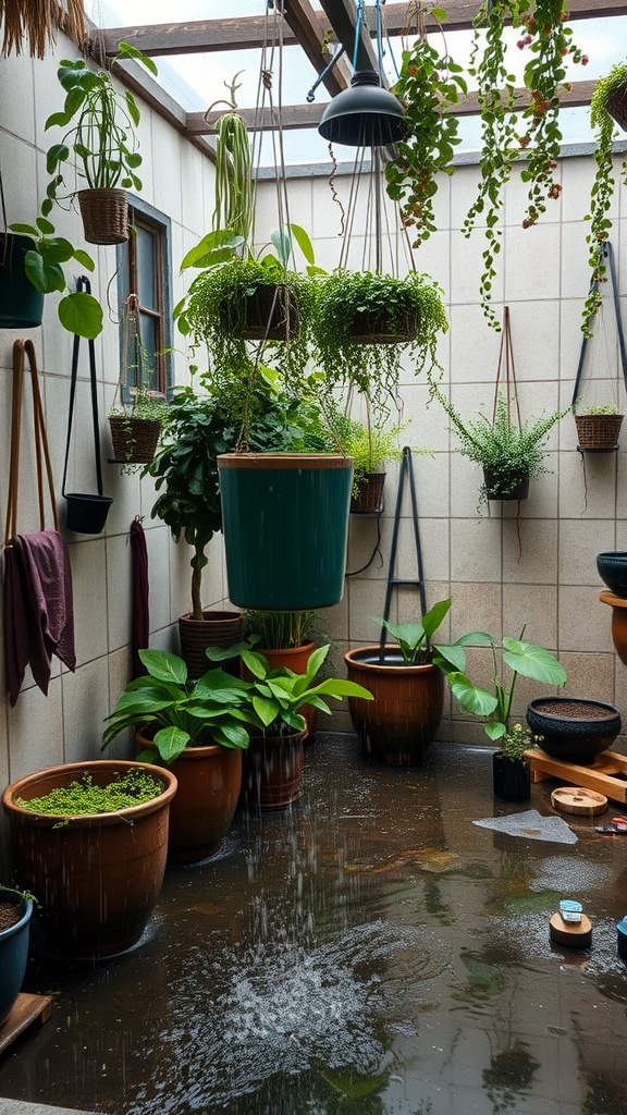 A rustic wet room adorned with hanging plants in various pots, creating a lush environment.