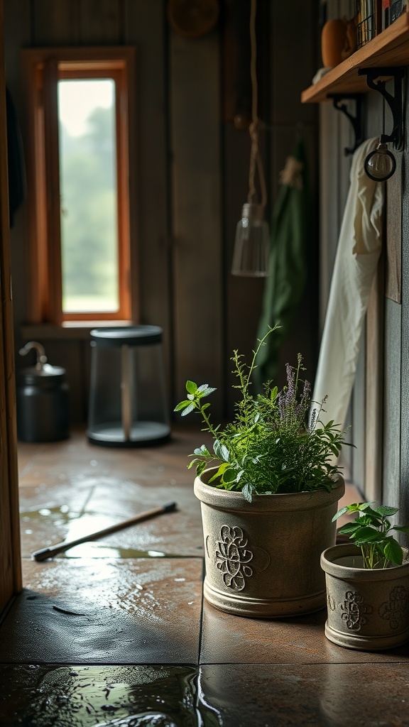 A rustic wet room with potted herbs and a cozy atmosphere.