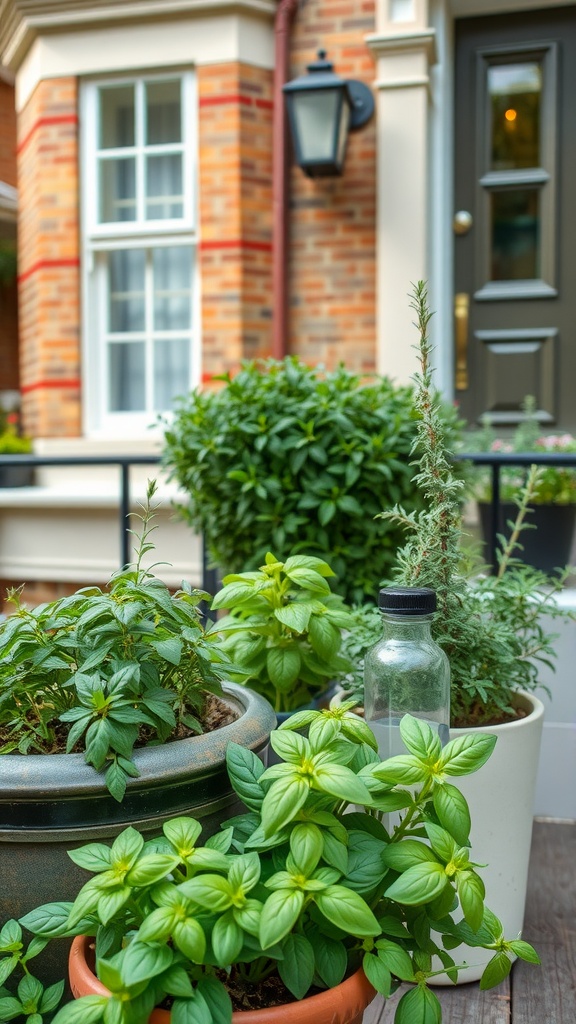 A variety of herb plants in pots on a patio, showcasing basil, mint, and thyme.