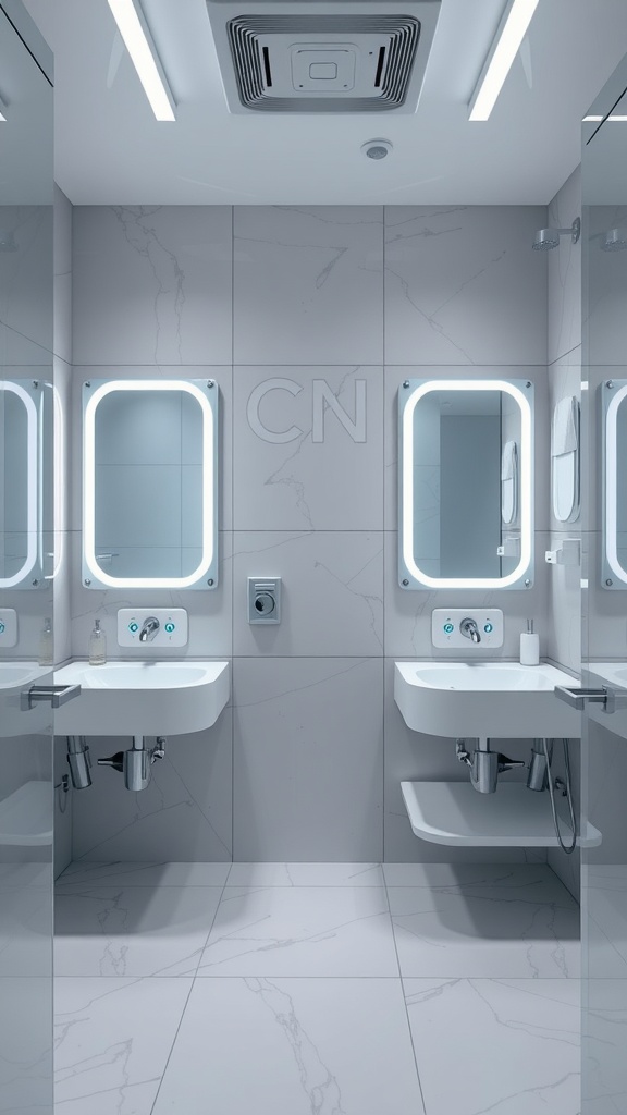 A modern aesthetic bathroom featuring sleek mirrors and contemporary fixtures.