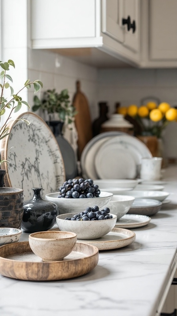 A neat arrangement of elegant white serveware including plates and bowls on a kitchen countertop.