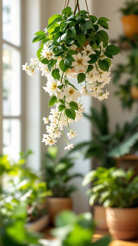 A hanging Hoya plant with waxy white flowers and green leaves, brightening a living room space.