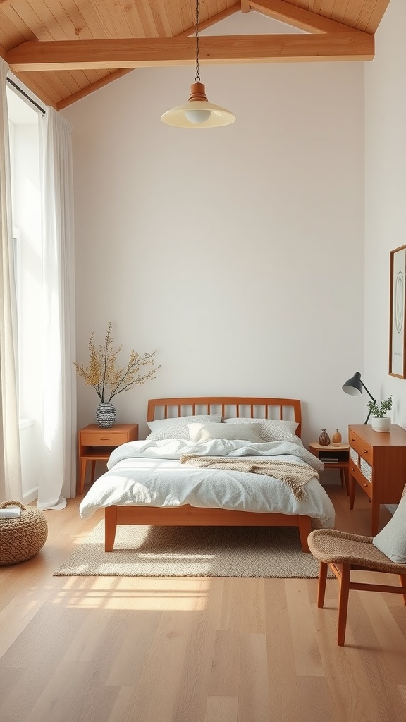 A cozy mid-century Scandinavian bedroom with a wooden bed, light bedding, and a warm color palette.