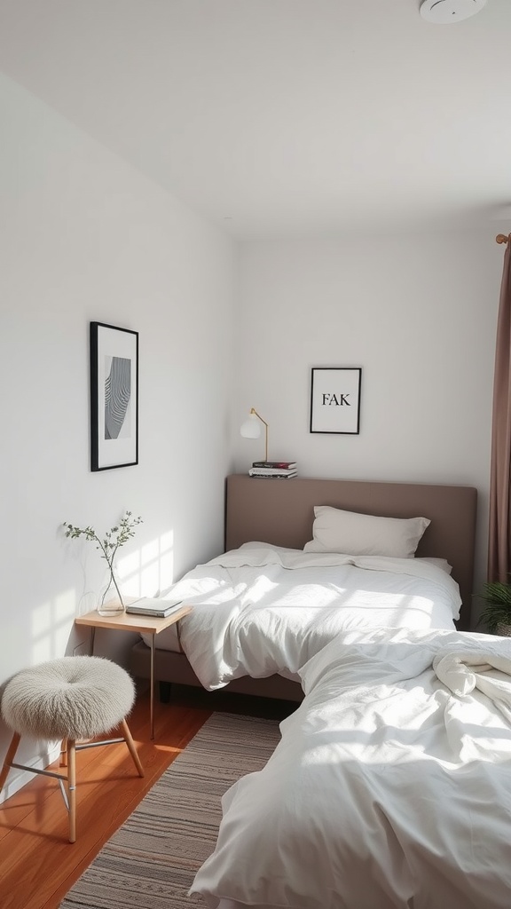 A small, minimalist bedroom with two beds, a wooden table, and soft lighting.