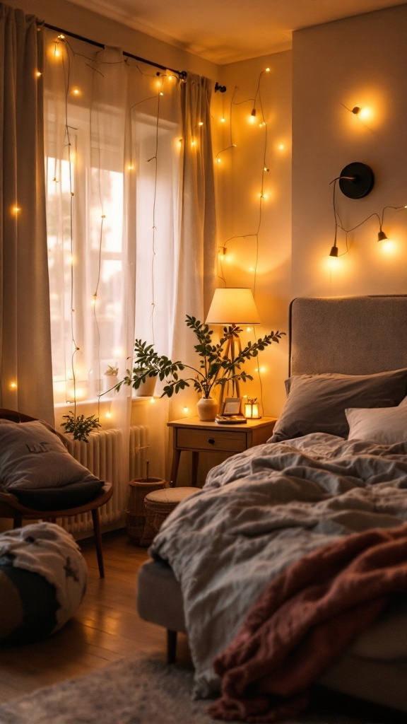 Cozy small bedroom with warm lighting and decorative string lights