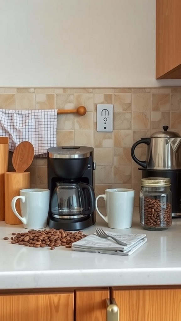 A cozy coffee station setup with a coffee maker, mugs, coffee beans, and kitchen utensils on a countertop.