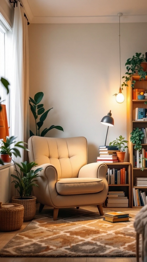 A cozy reading nook with a comfortable chair, plants, and bookshelves.