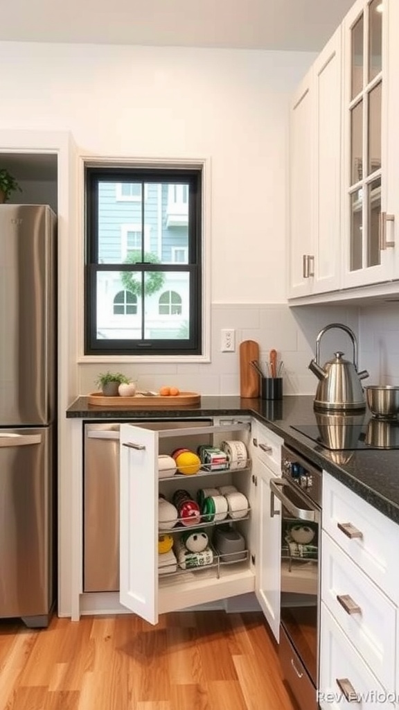 Image of a small kitchen featuring a pull-out pantry with organized shelves.